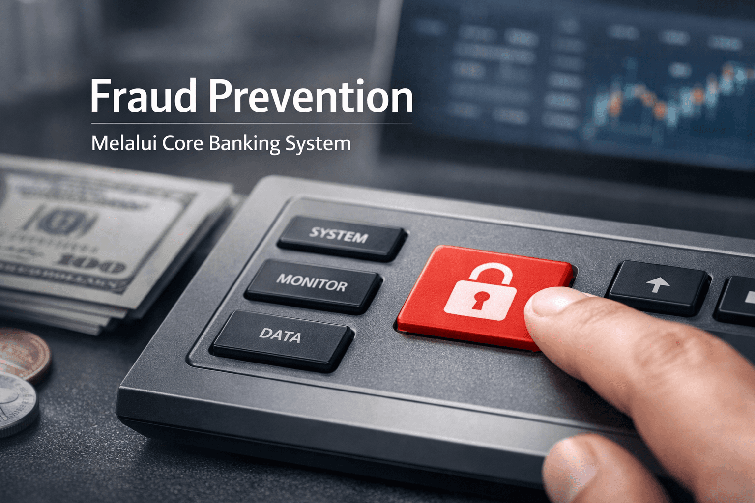 Ilustrasi fraud prevention melalui core banking system. Di foreground, jari menekan tombol merah bergambar gembok pada perangkat kontrol dengan label SYSTEM, MONITOR, dan DATA, menandakan pengamanan dan kontrol sistem. Di kiri terlihat uang kertas dan koin sebagai aset finansial. Di latar belakang, layar monitor buram dengan grafik pasar/analitik menunjukkan pemantauan transaksi. Teks “Fraud Prevention – Melalui Core Banking System” menegaskan fokus pada pencegahan kecurangan, monitoring real‑time, dan keamanan data di perbankan.