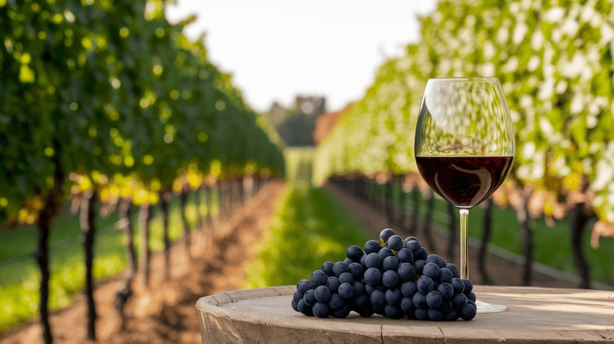 A picture showing red wine and a grape with the vineyard in the background