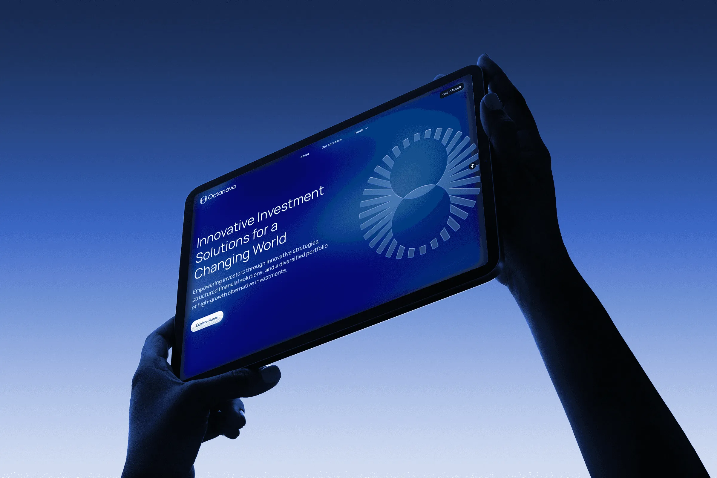 Person holding a tablet displaying Octanova’s modern financial brand logo with interlocking circles, symbolizing trust, innovation, and momentum in wealth management