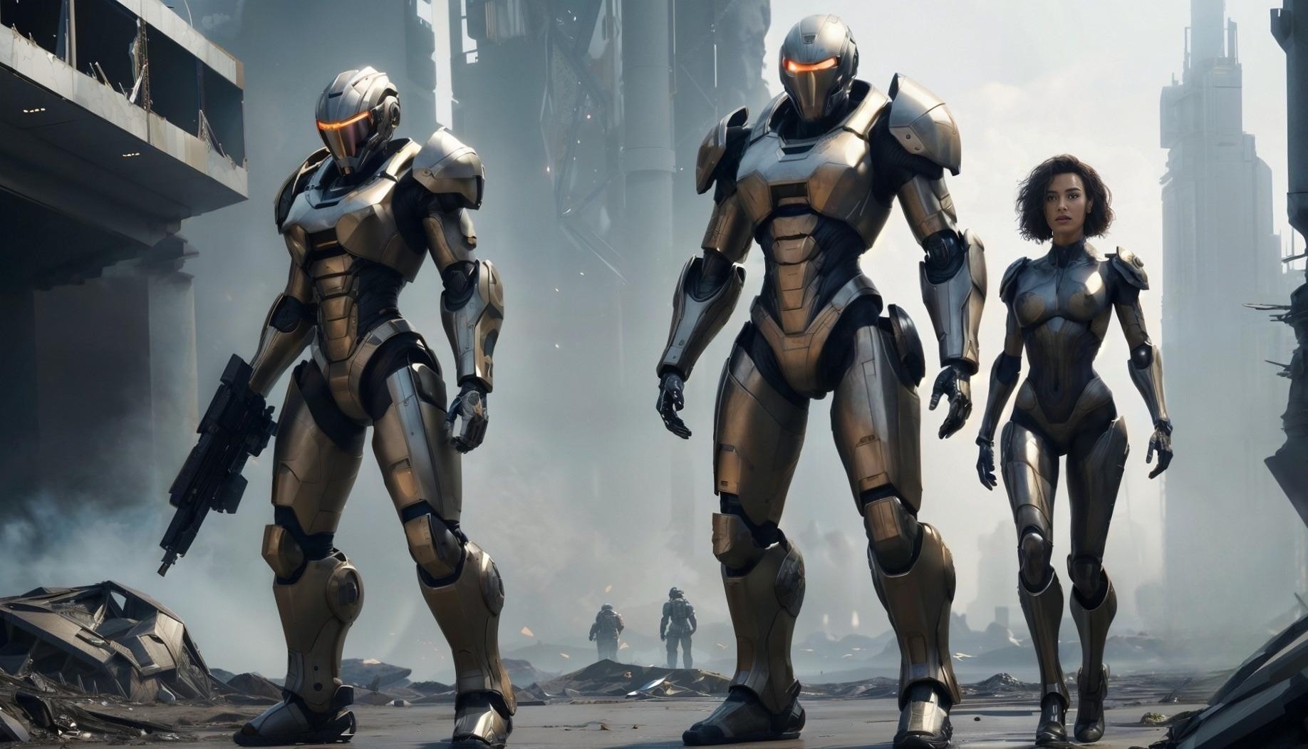 A woman in futuristic body armour and two big cyborg soliders walking through an urban warzone