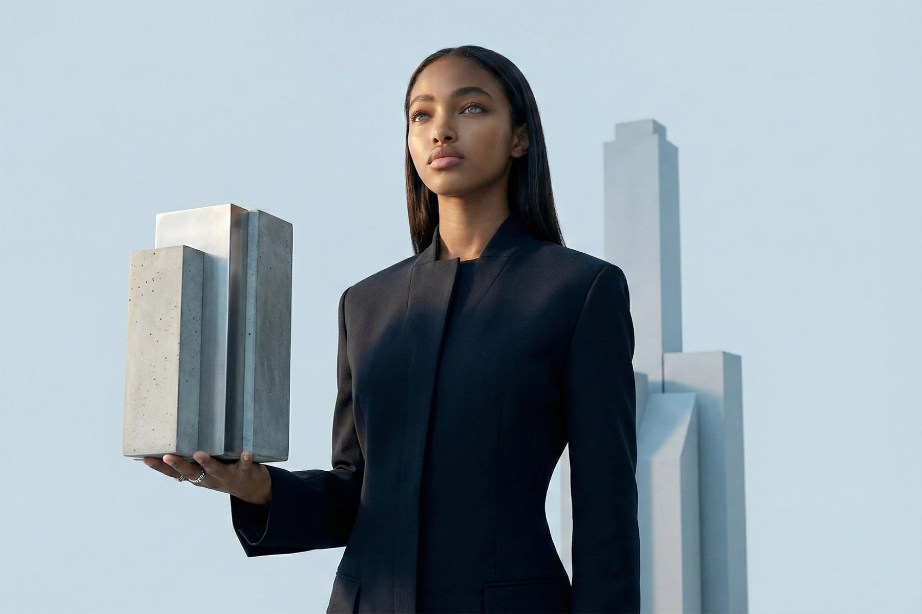 Symbolbild für Shopware-Shops: Eine Frau hält massive Bauelemente und steht für maßgeschneiderte Shopware-Systeme, Unabhängigkeit von Mietplattformen und skalierbaren Enterprise-E-Commerce.