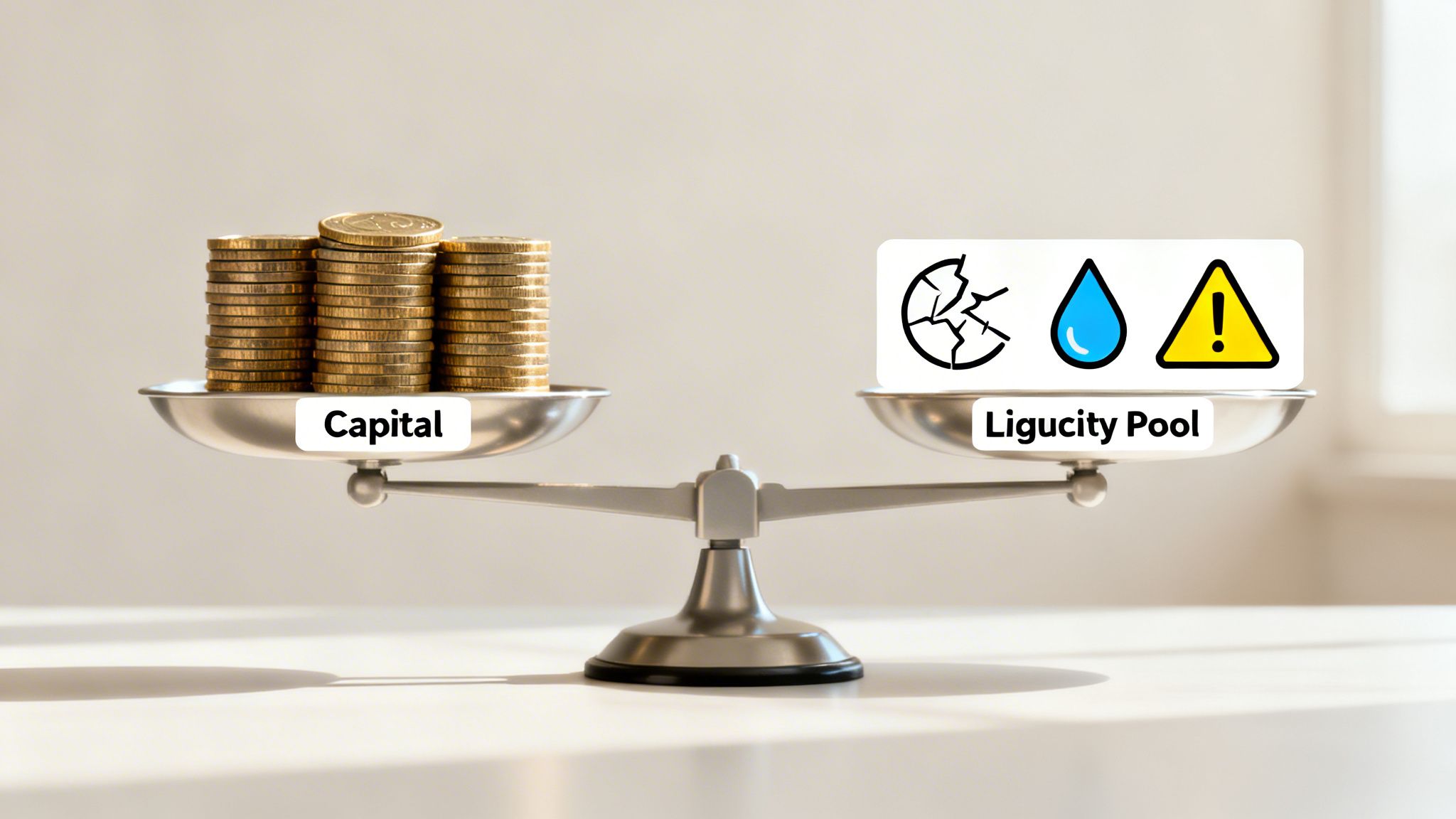 A balanced scale comparing stacks of gold coins labeled 'Capital' with 'Ligucity Pool' icons.