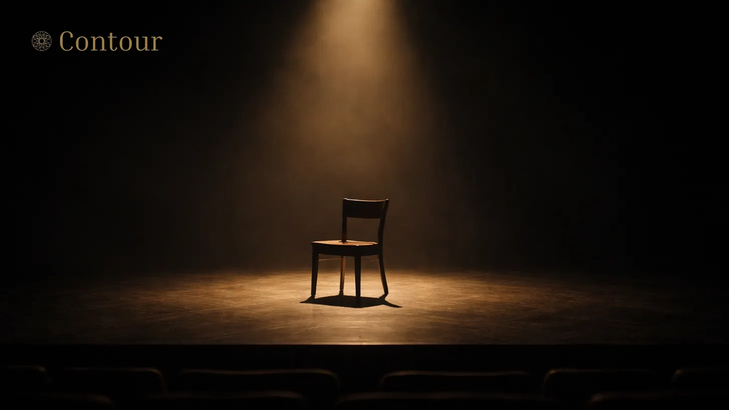 A wooden chair stands alone under a warm spotlight on a dark theatre stage, with the Contour Magazine wordmark in the upper left.