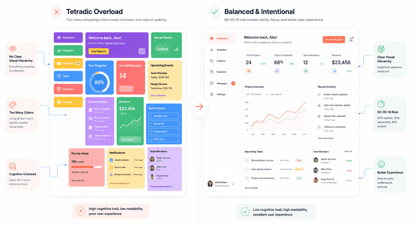 “Split-screen SaaS interface showing cluttered tetradic color overuse versus balanced UI hierarchy using the 60-30-10 design principle.”