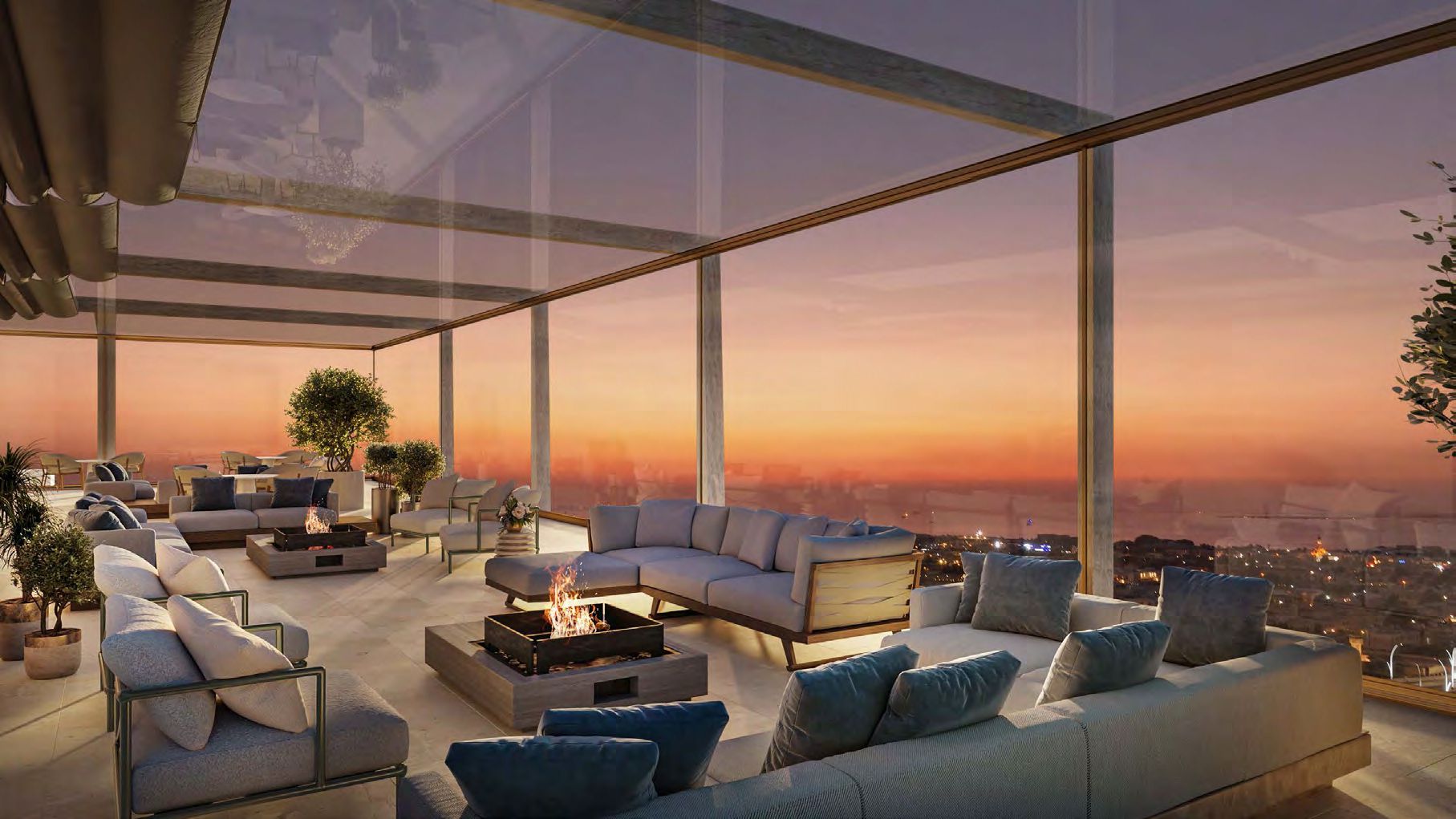 Rooftop terrace at Ash Tower with fire pits and plush seating for sunset relaxation and entertaining.