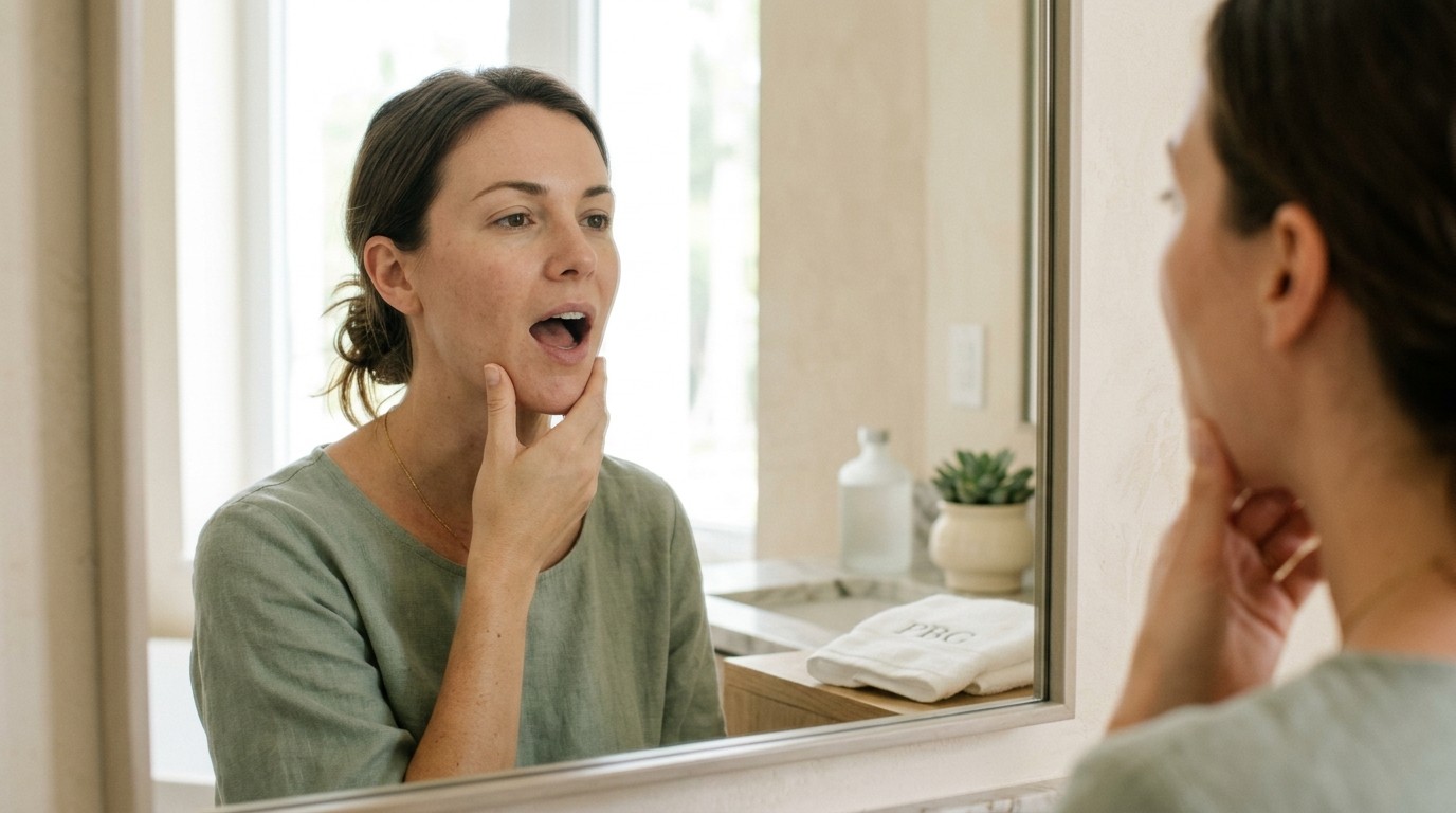 Patient performing a gentle at-home jaw stretching exercise in front of a bathroom mirror