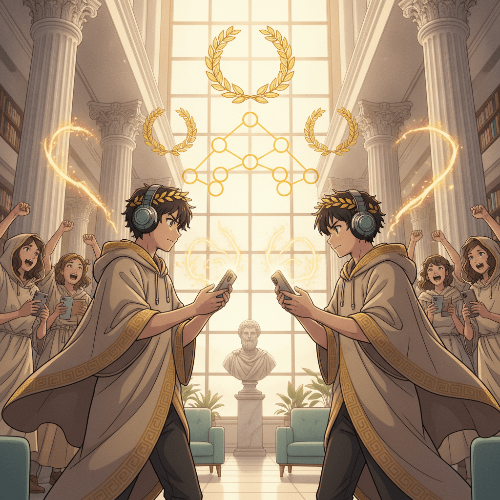 Two medical students dueling in a quiz tournament on smartphones with golden trophy sparks