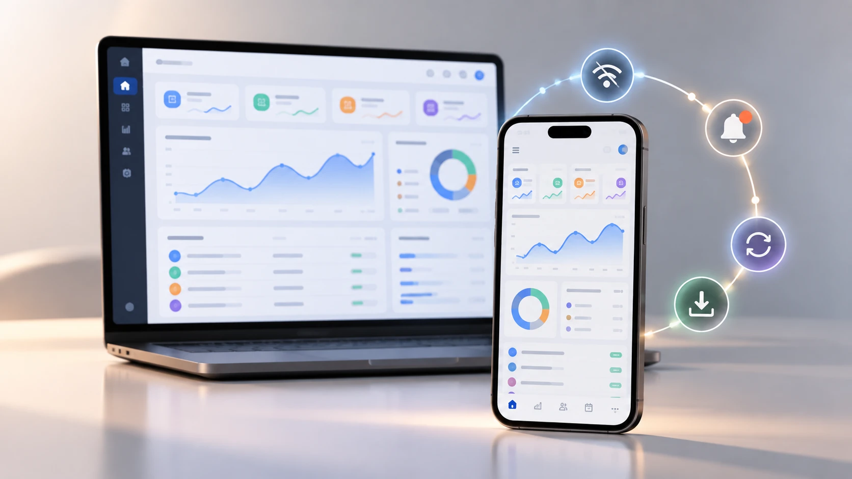 Sistema web funcionando como Progressive Web App em computador e smartphone