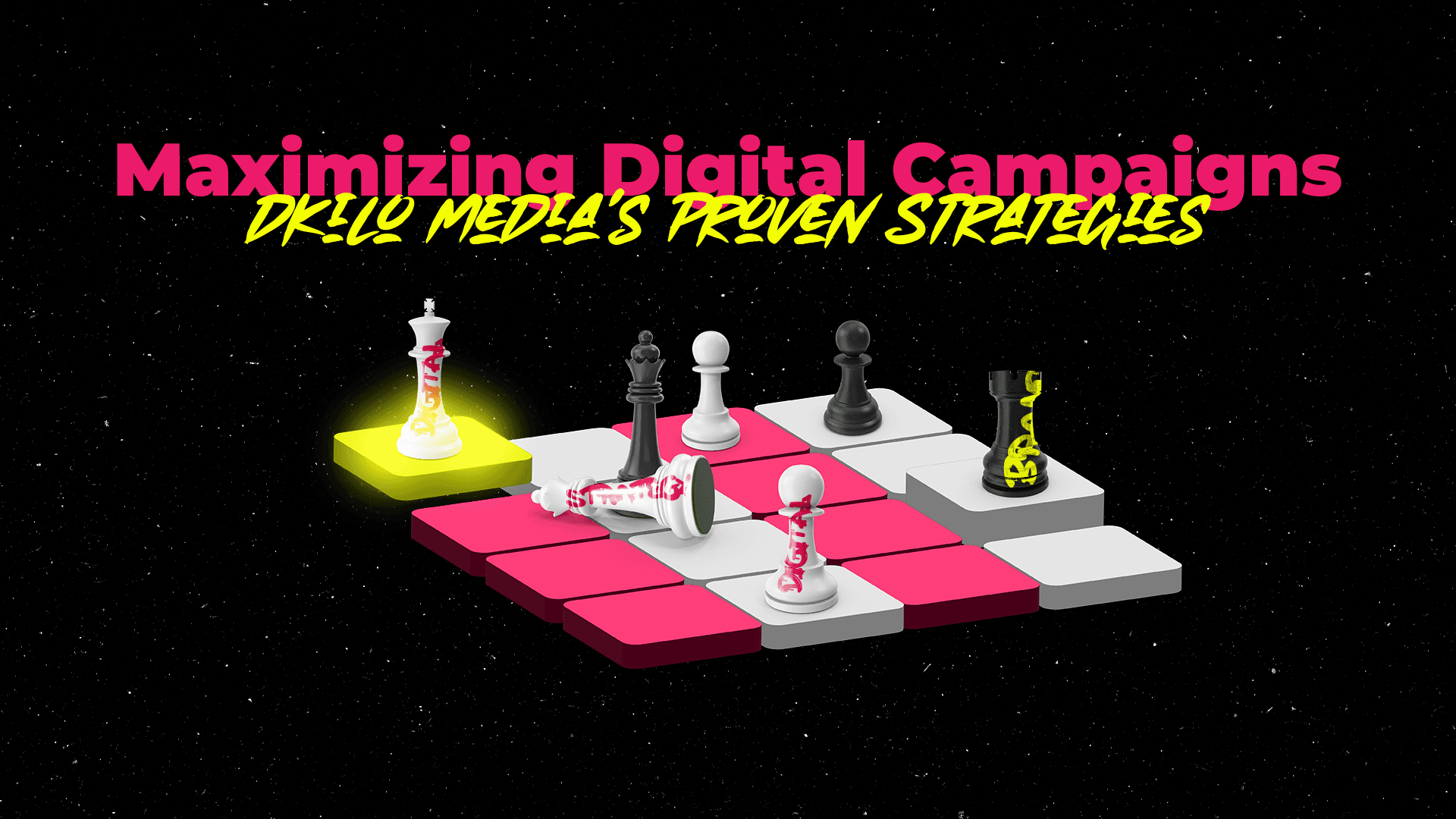 Visual illustrating dKilo Media’s digital marketing strategies, featuring a chessboard with chess pieces symbolizing strategic planning, optimization, and campaign leadership.
