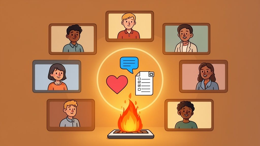 Cartoon image showing diverse people on video calls around a central virtual campfire with communication icons.