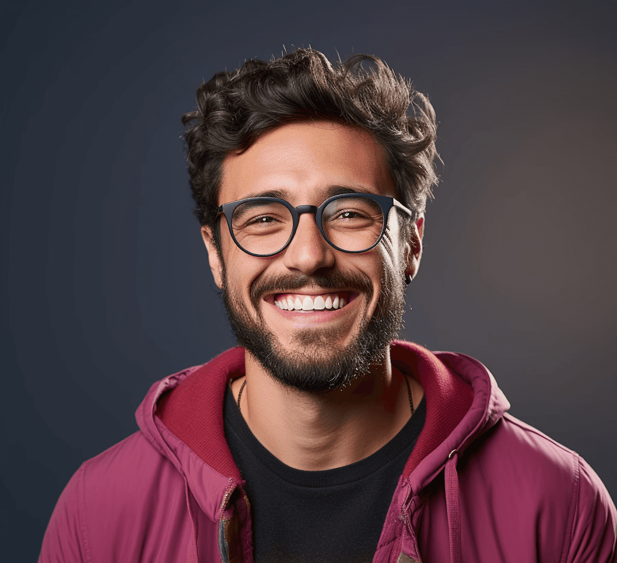 Young man with curly hair and glasses smiling broadly against a dark background. He wears a pink jacket with a plaid shirt underneath, conveying warmth and friendliness.