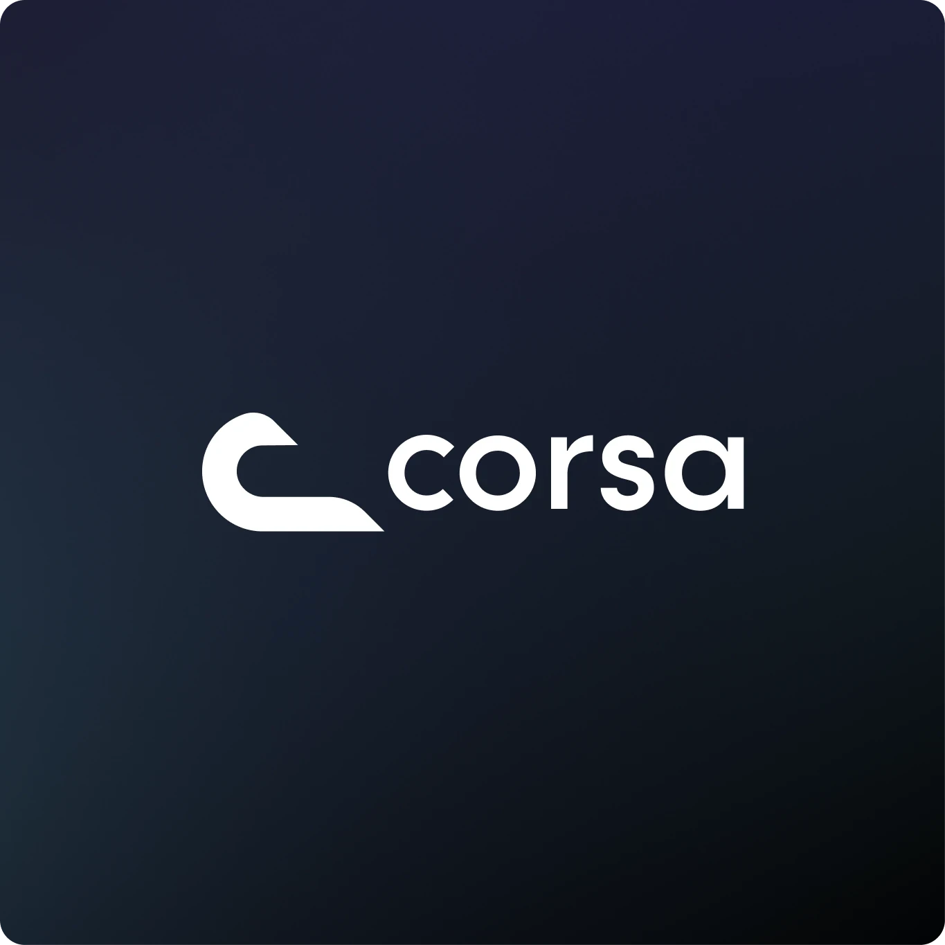 Minimalistic logo of the brand “Corsa” displayed in white on a dark gradient background. The logo features a stylized “C” resembling a wave or dynamic motion, representing speed and movement.