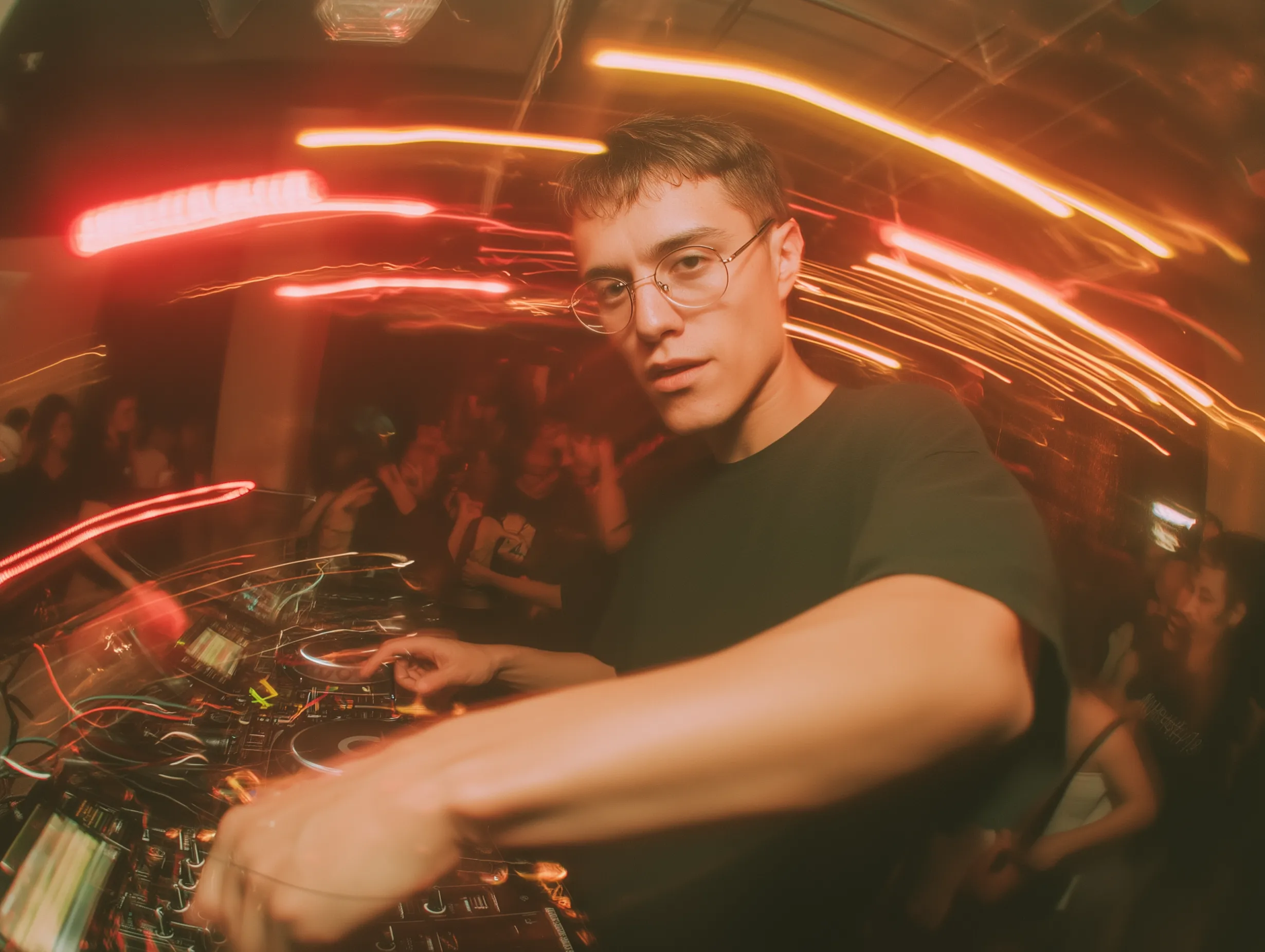 DJ mixing at club with red light streaks