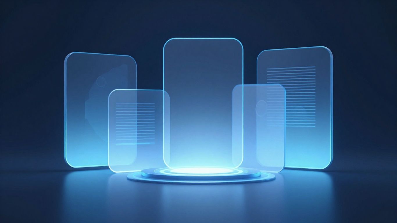 Modern interface with blue accents and geometric shapes.