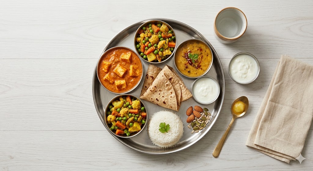 A top-down view of a traditional Indian thali on a light wood surface featuring whole wheat roti, a bowl of dal, paneer curry, mixed vegetable sabzi, rice, curd, almonds, seeds, and a spoonful of ghee.