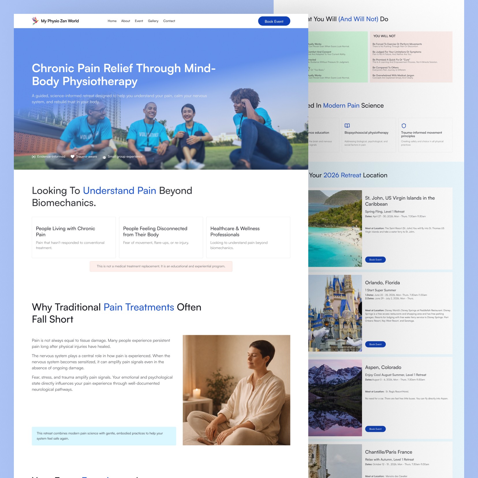 Physical therapy and mind-body wellness website UI design — homepage hero screen for My Physio-Zen World, designed in Figma