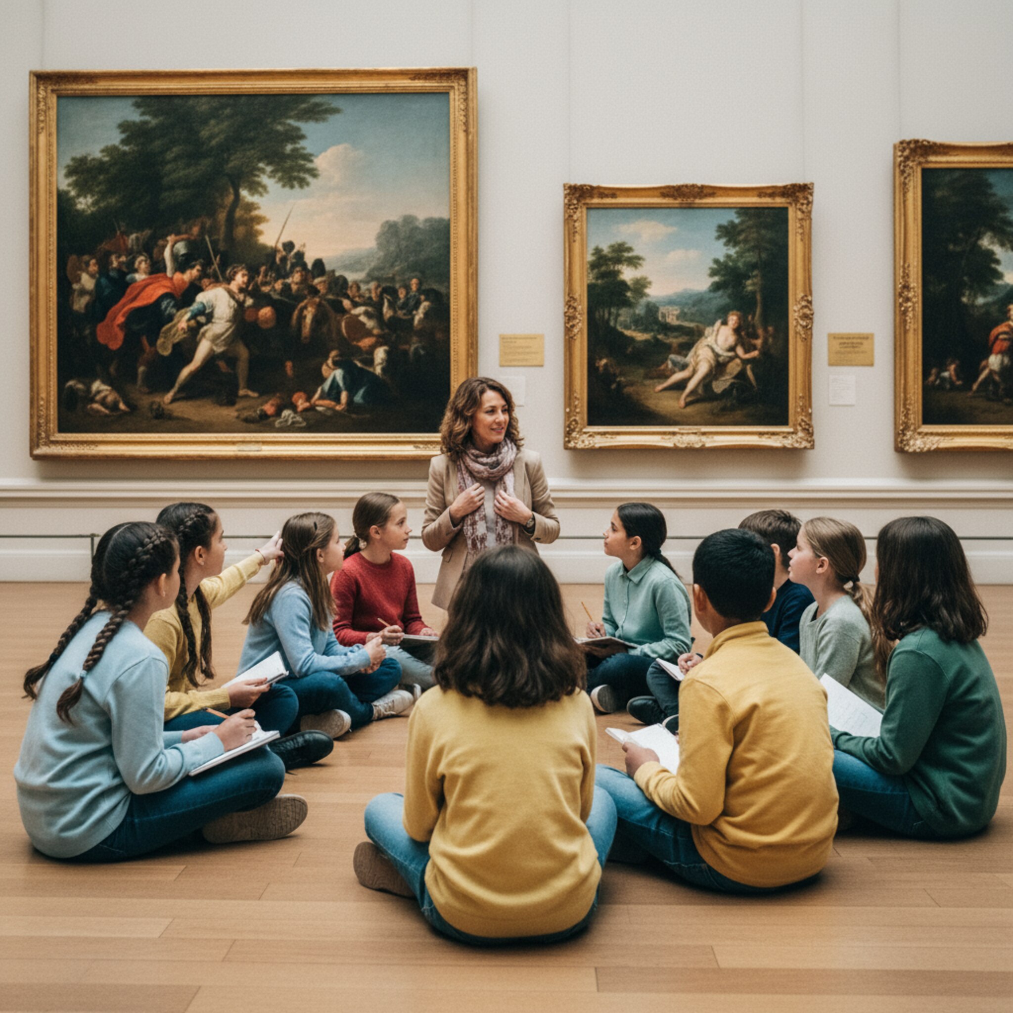Eine Museumsführerin erklärt vor einer großen Gemäldewand eine Szene aus der Geschichte. Eine Schulklasse steht in einem Halbkreis, Notizhefte in der Hand. Einige Kinder zeigen auf Details, andere hören aufmerksam zu. Das gedämpfte Licht akzentuiert die Farben, die Umgebung wirkt konzentriert und ruhig.