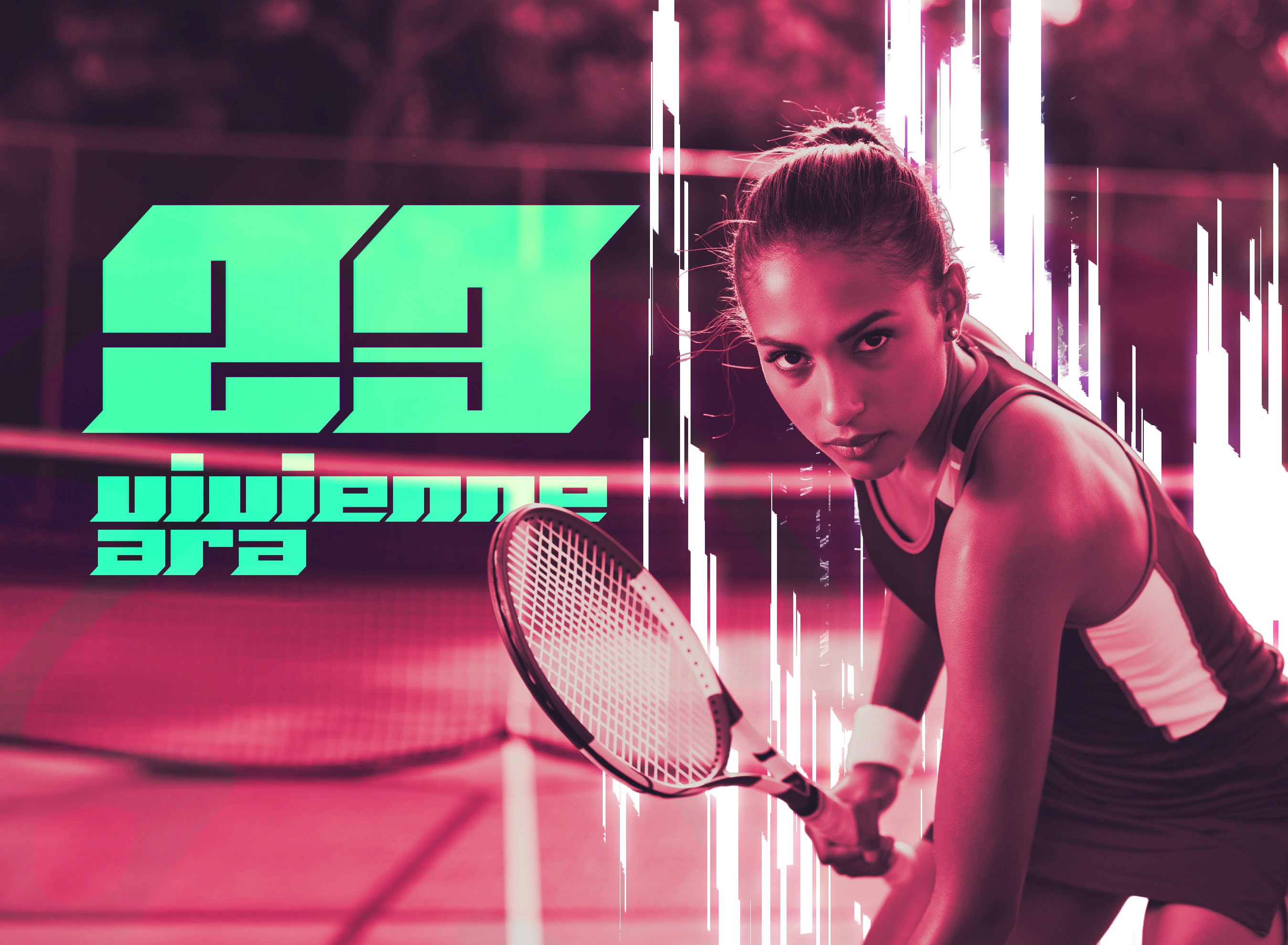 Mock promo image of an athlete reading "23 Vivienne Ara." The text is a bright blue-green and the image itself has monochrome red-pink.