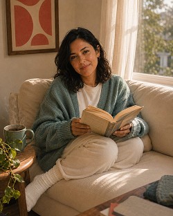 A person with dark hair sits on a cozy sofa, reading a book. They're wearing a green sweater and white pants. A steaming mug and plant are on a small table nearby.