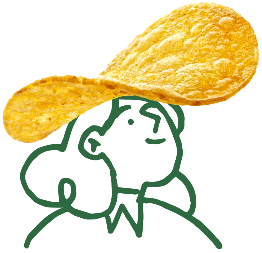 Lowcal Garden brand illustration — playful green line-drawn character wearing a crispy chip as a hat — creative direction and F&B branding by Makers' Studio