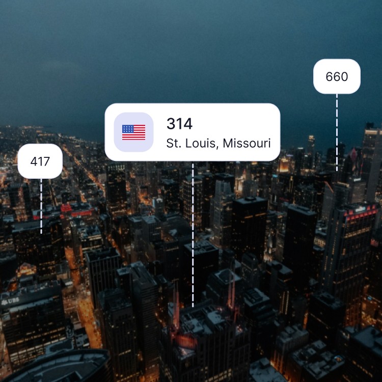 City skyline of St. Louis showing the 314 area code and surrounding area codes