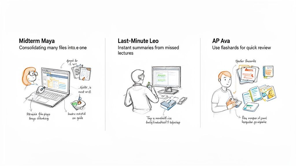 Illustrations show students using AI for efficient studying, consolidating notes, summarizing lectures, and reviewing flashcards.