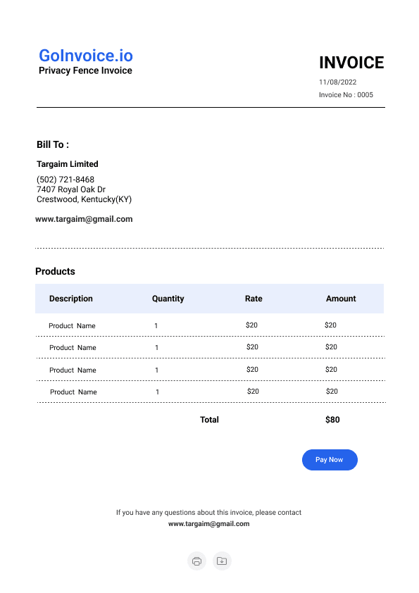 Privacy Fence Invoice