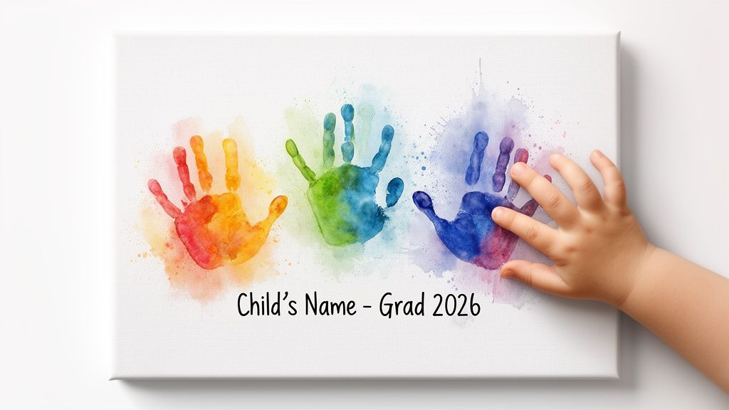 A child's hand touches a canvas with colorful watercolor handprints and 'Child's Name - Grad 2026' text.