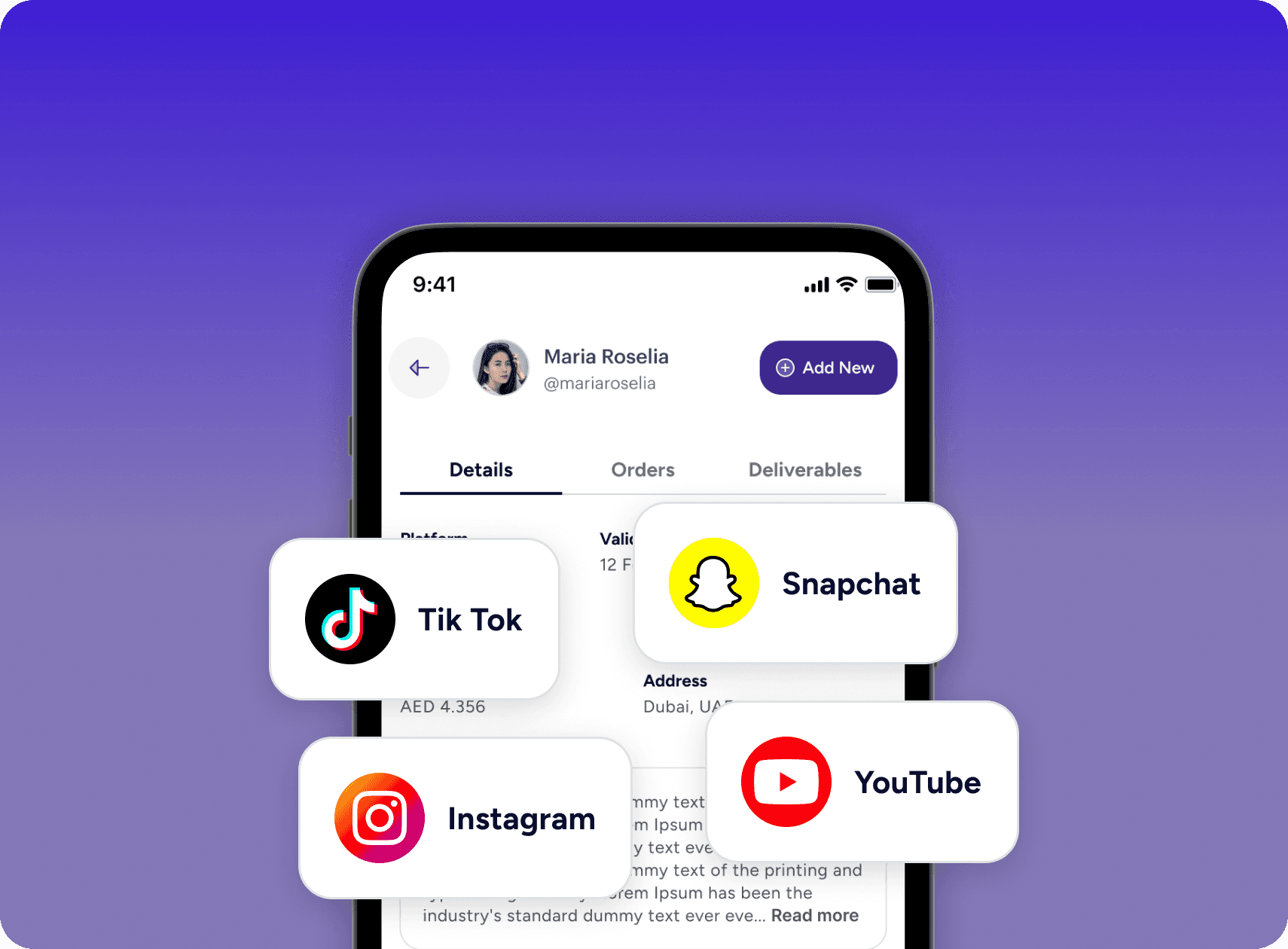 Mobile profile screen with social platform icons for TikTok, Instagram, YouTube, and Snapchat