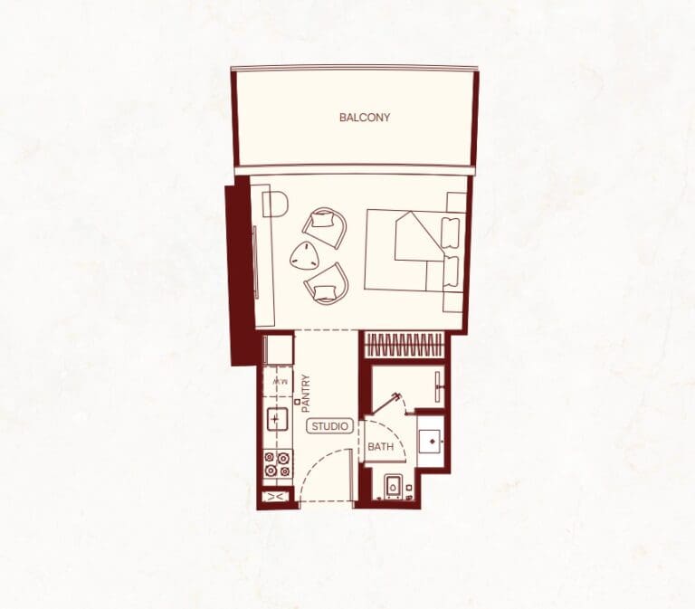 Luxury studio apartment floor plan layout in Dubai. Schedule a consultation with a top real estate agent.