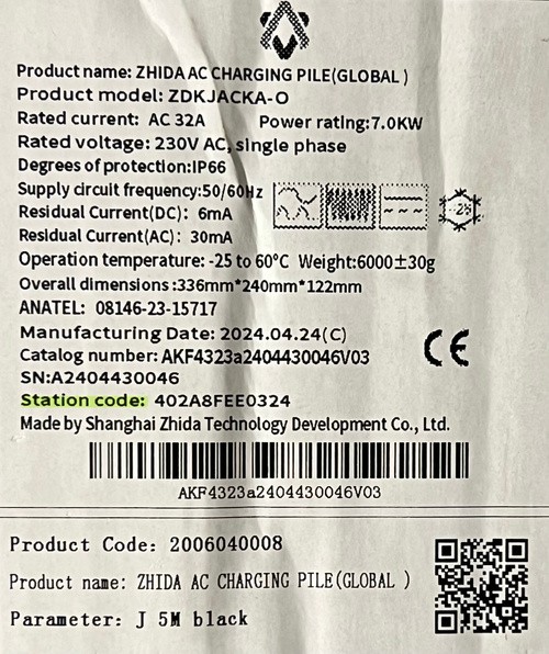 Paper label on charger box showing Station code field highlighted