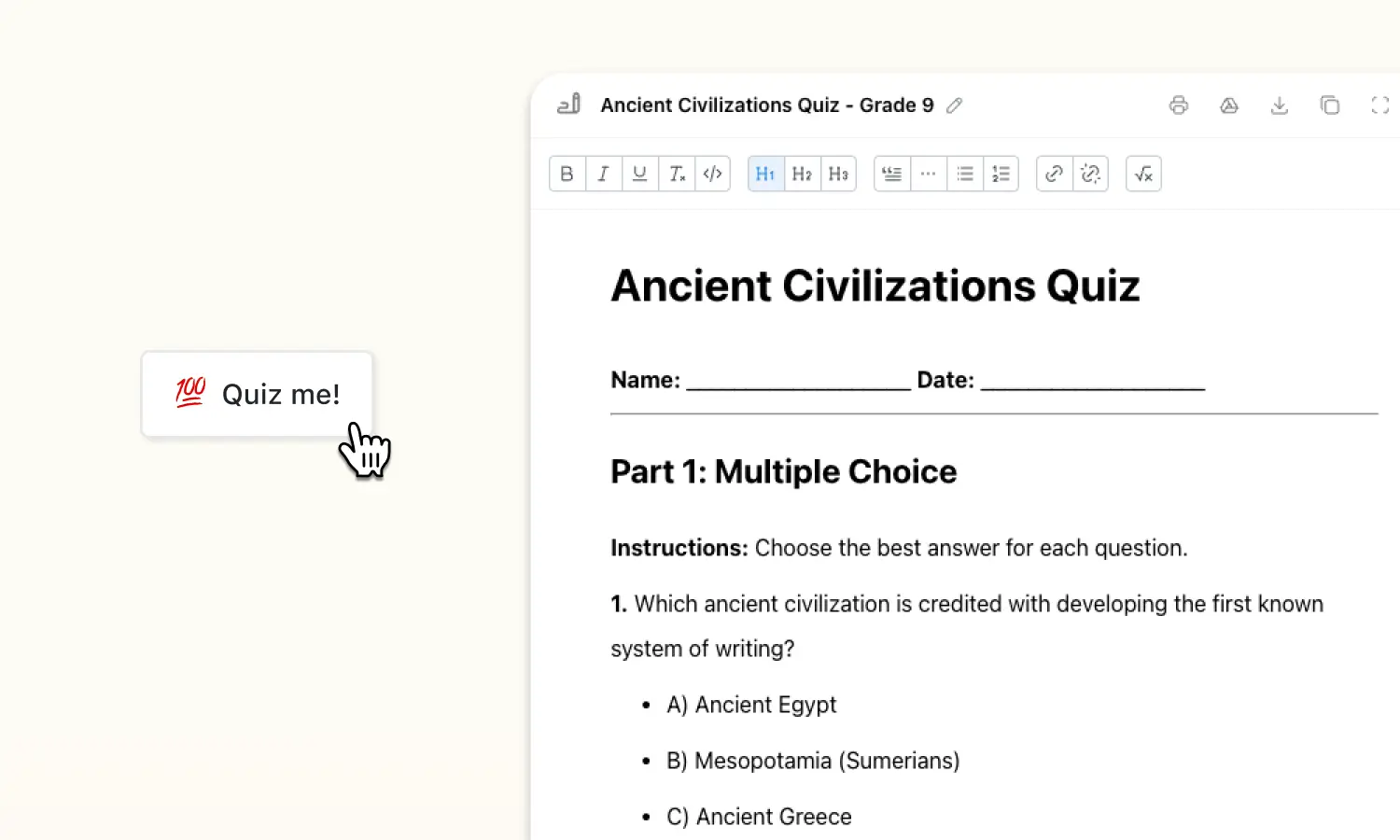 Button that says "Quiz me" with pointer cursoer and screenshot of a quiz made on ancient civilizations