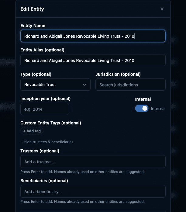 Entity editor with optional Trustee and Beneficiary fields