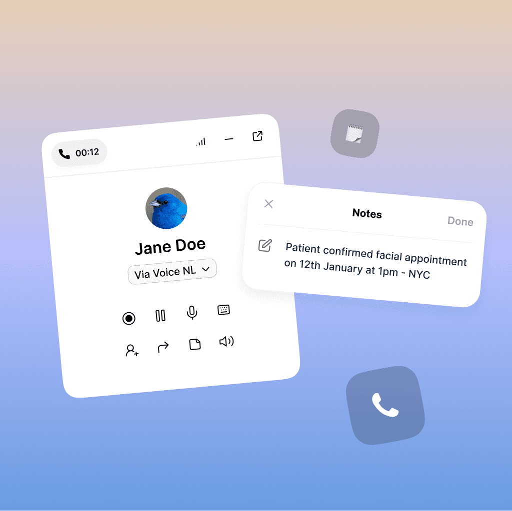 Call interface showing an ongoing call with Jane Doe, with added notes indicating a confirmed facial appointment for January 12th at 1 PM in NYC.