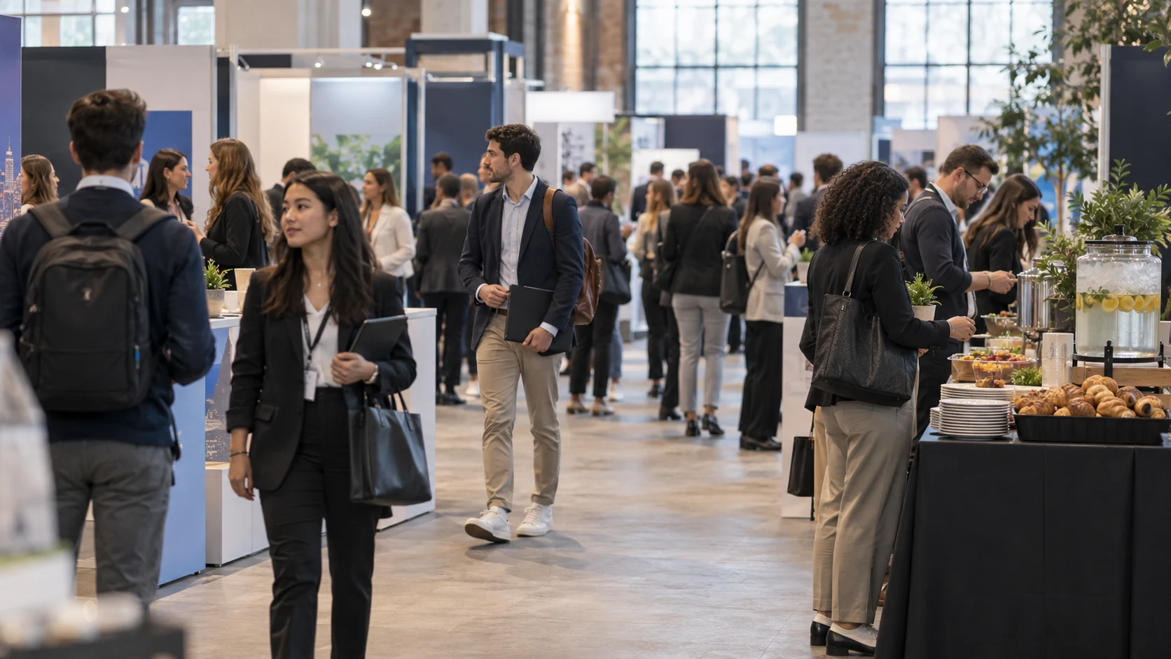 Candidatos circulam em feira de carreiras ao lado de estação de catering.