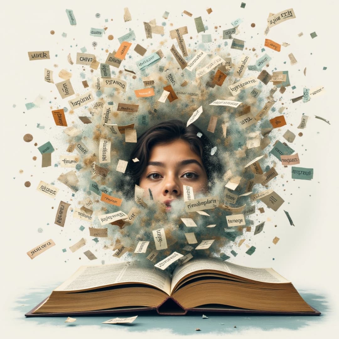 ein gesicht über einem buch, aus dem buch treten viele zettel hervor und verdecken das gesicht über dem buch, zeichnung