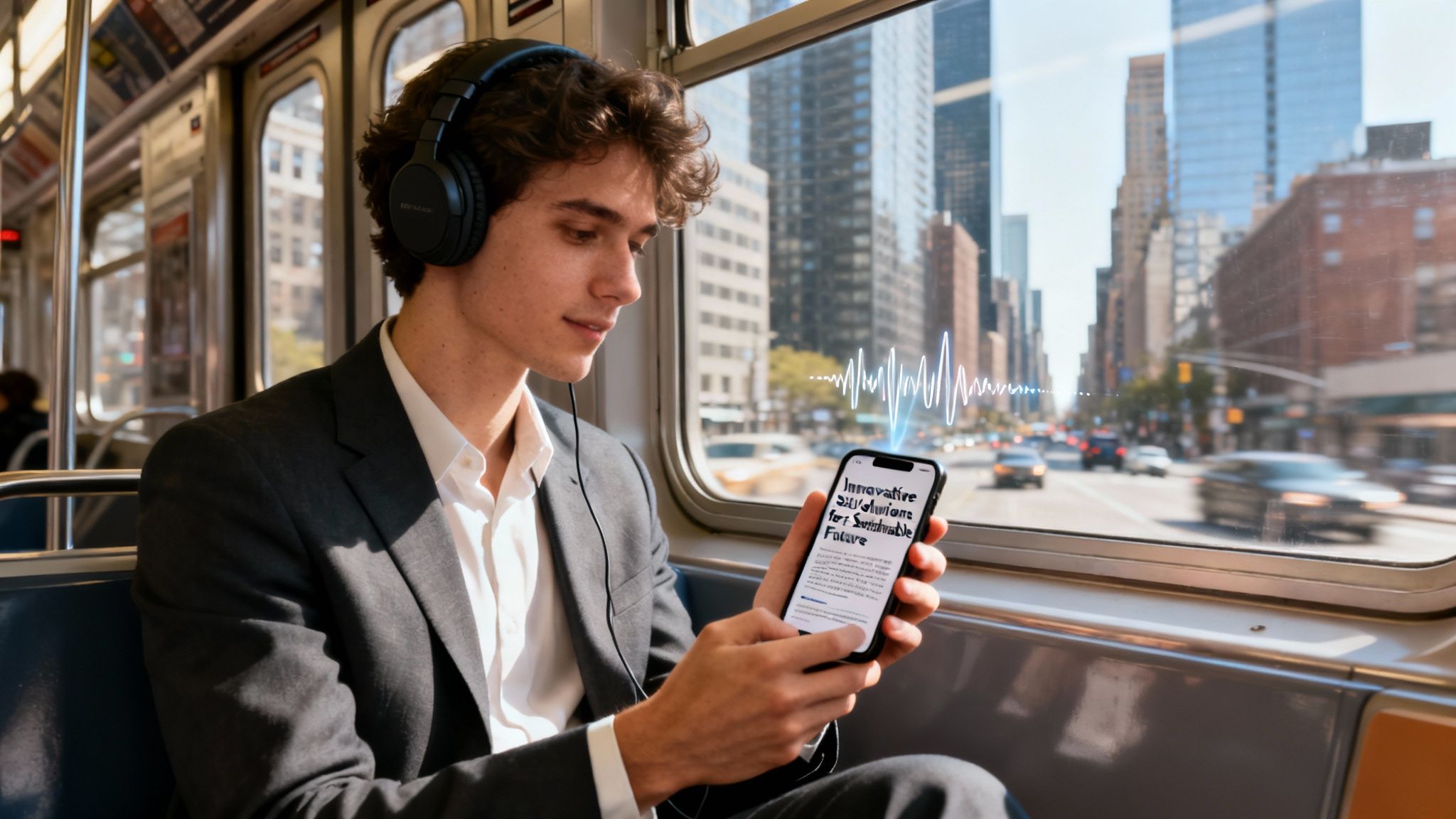 A person sitting on a sofa, relaxing while listening to audio on their smartphone with headphones.