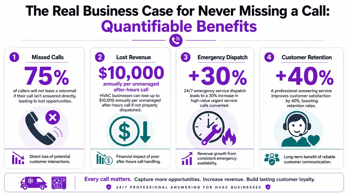 An infographic detailing the quantifiable business benefits of using a professional answering service for HVAC companies.