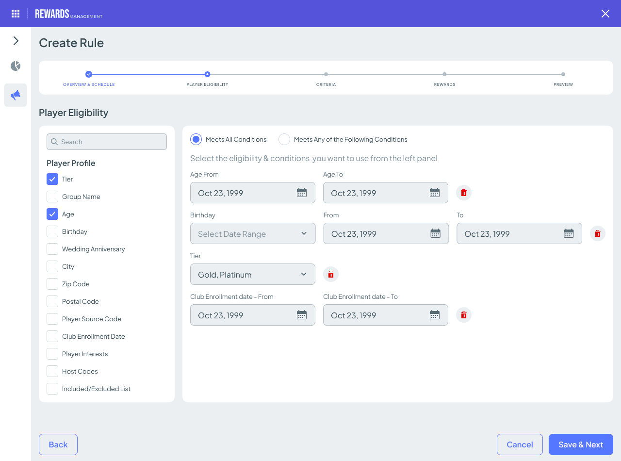 Redesigned rule engine interface showing a clean step-by-step rule builder with clearly labelled dropdowns for conditions and rewards, colour-coded validation indicators, and a live preview panel.