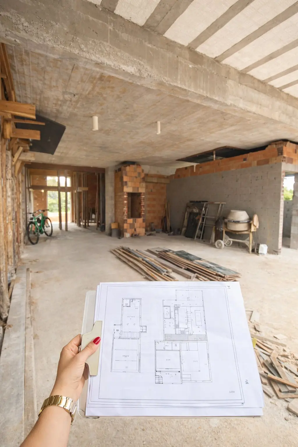 Suivi de chantier d'un local professionnel en Gironde – architecte tenant les plans sur site en cours de travaux, coordination et pilotage des artisans