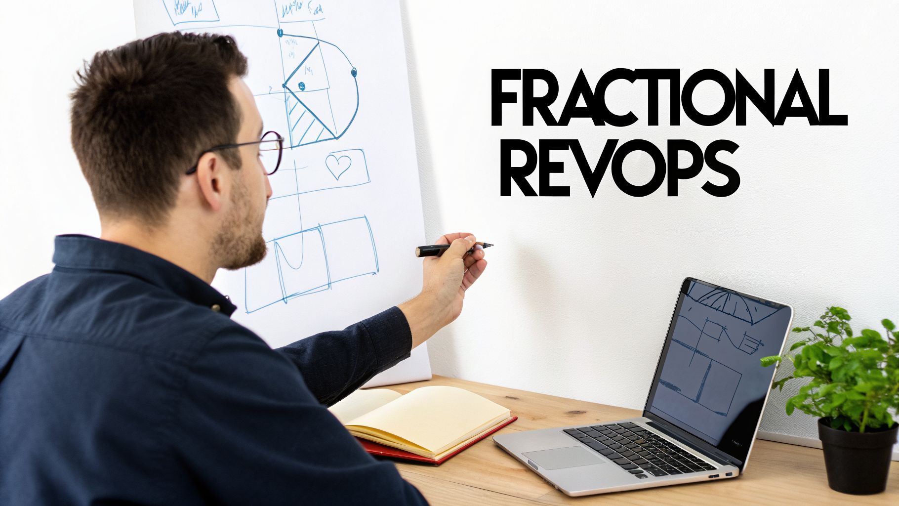 Man drawing on a whiteboard during a Fractional RevOps session, with laptop and notebook.