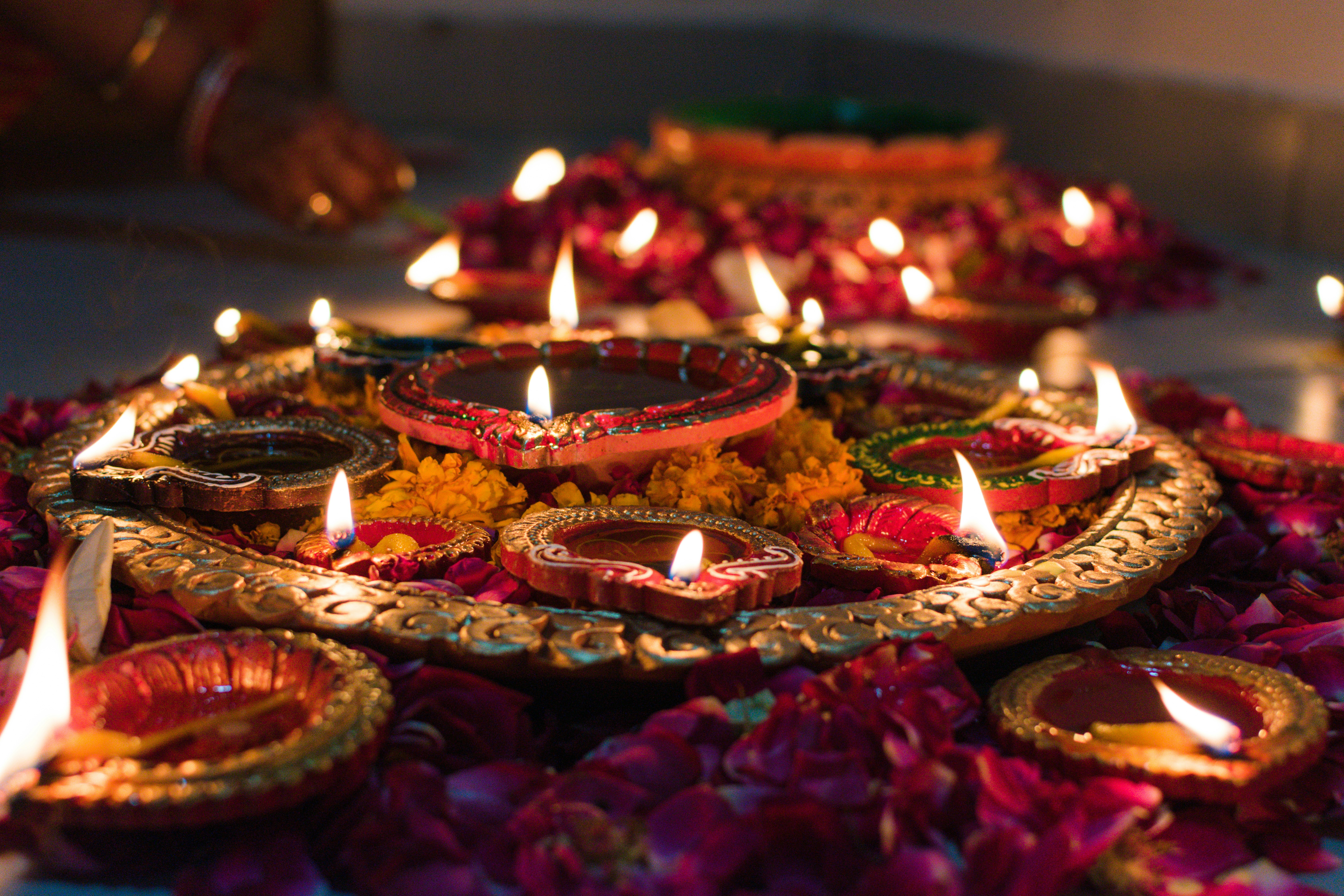 Lit oil lamps (diyas) with decorative patterns on a golden base surrounded by marigold petals