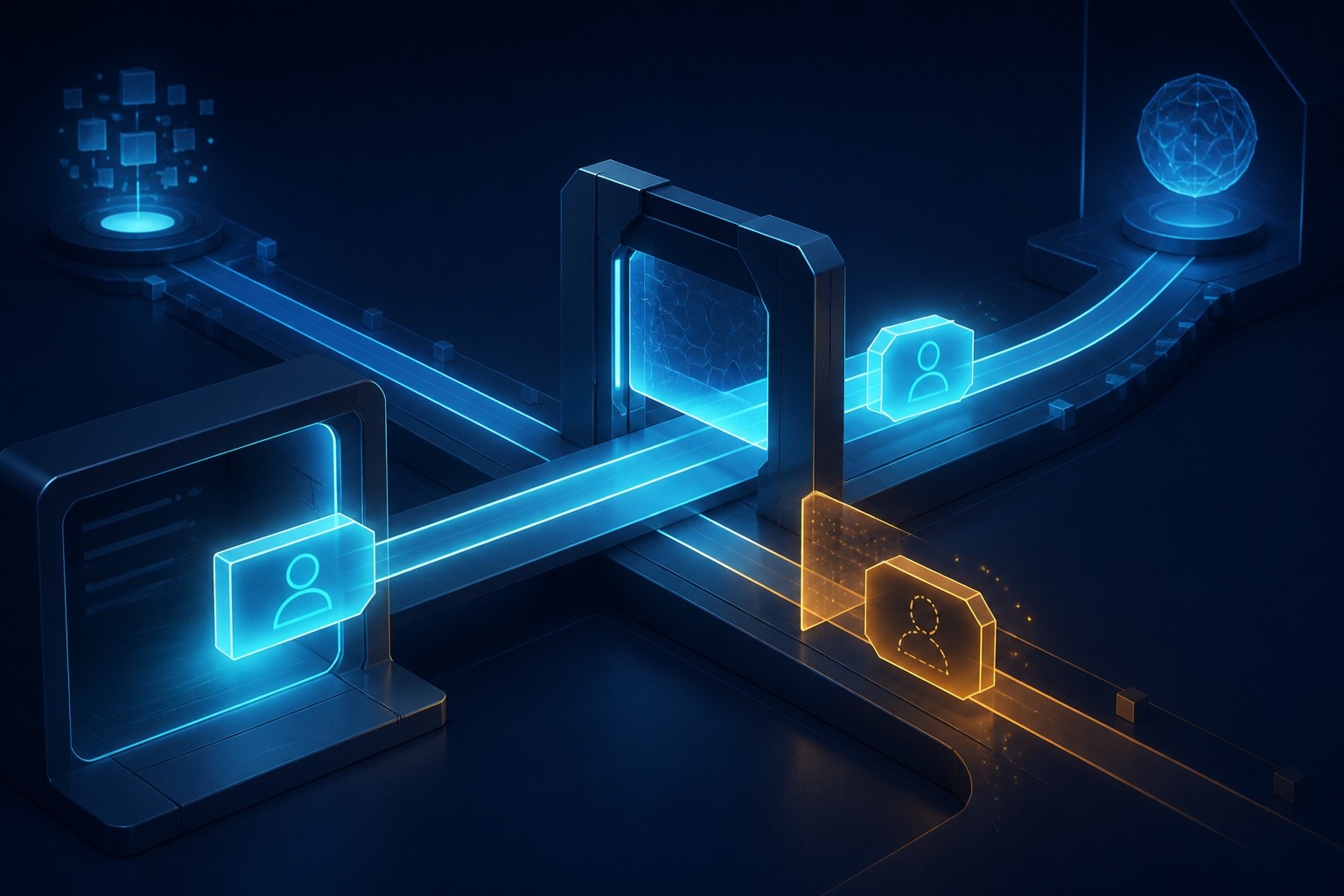 A cyan identity token passes through a guarded network gateway while an amber placeholder token is rejected.