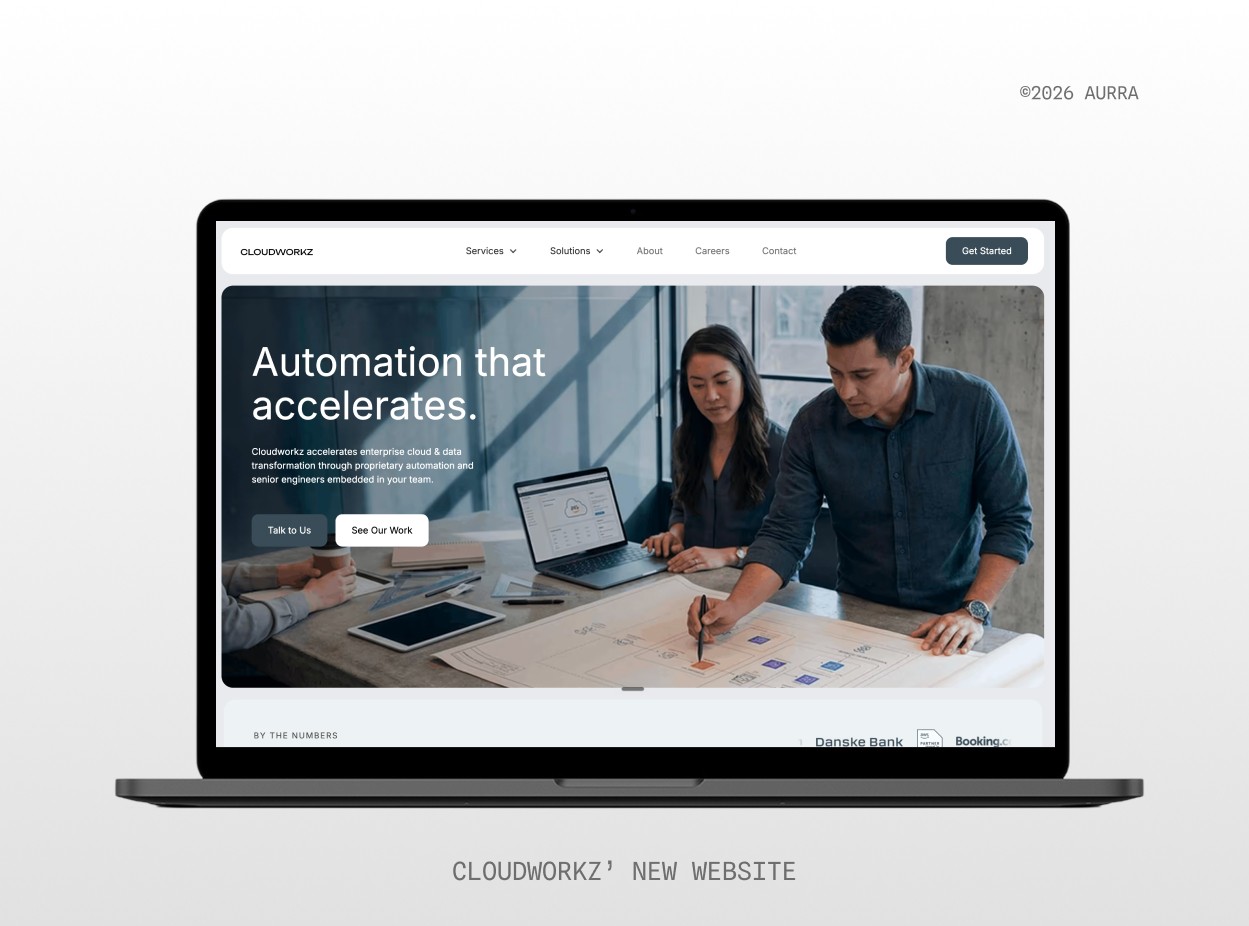 Cloudworkz homepage redesign shown on a laptop, with the headline Automation that accelerates