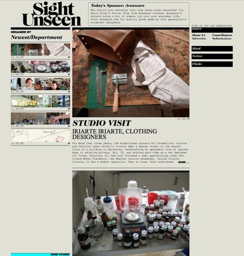 A website with title: Sight Unseen and some articles showing clothing designs and a paint mixture stand.