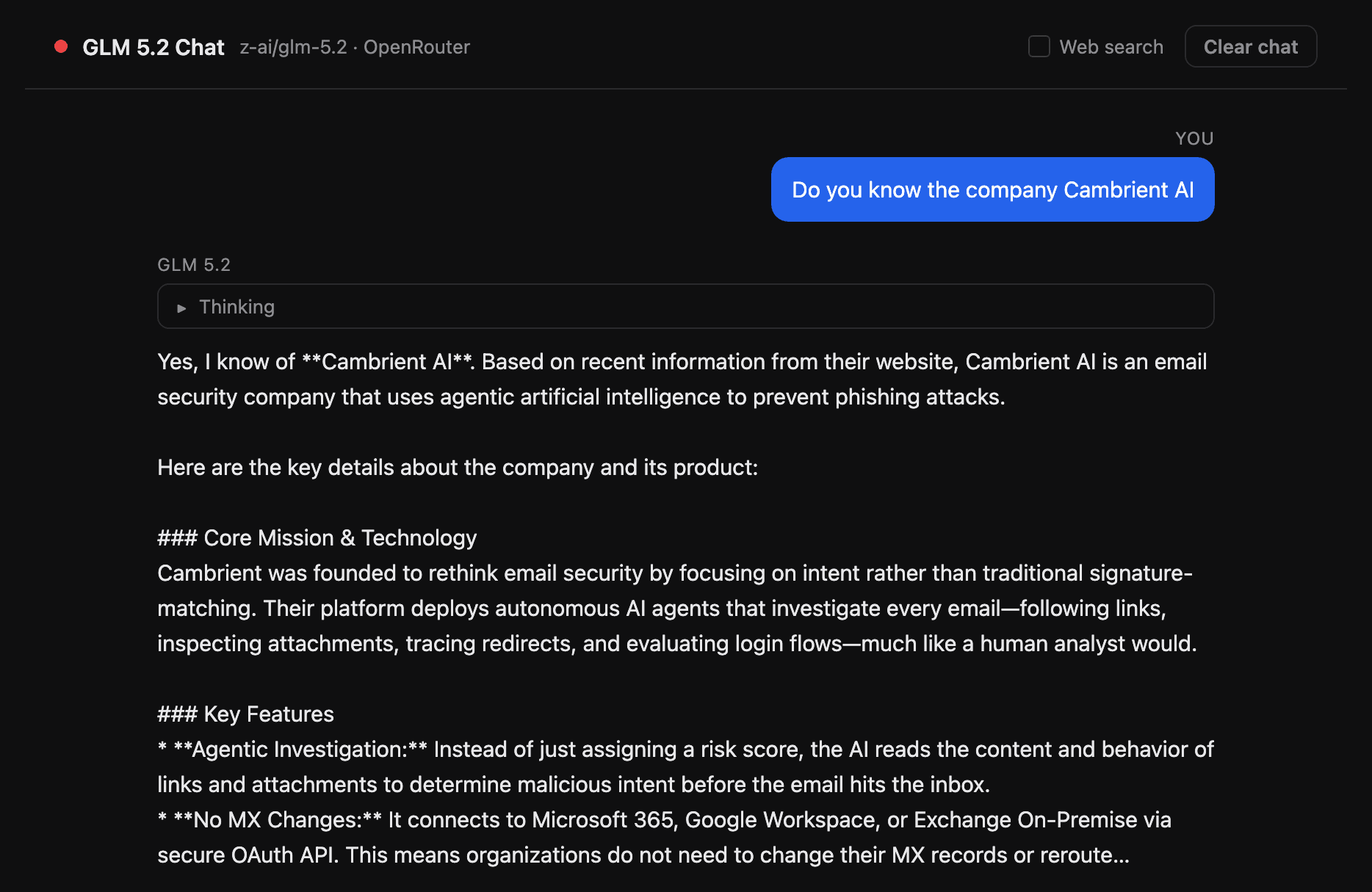 GLM 5.2 accurately describing Cambrient AI, its product, and its architecture from public information.