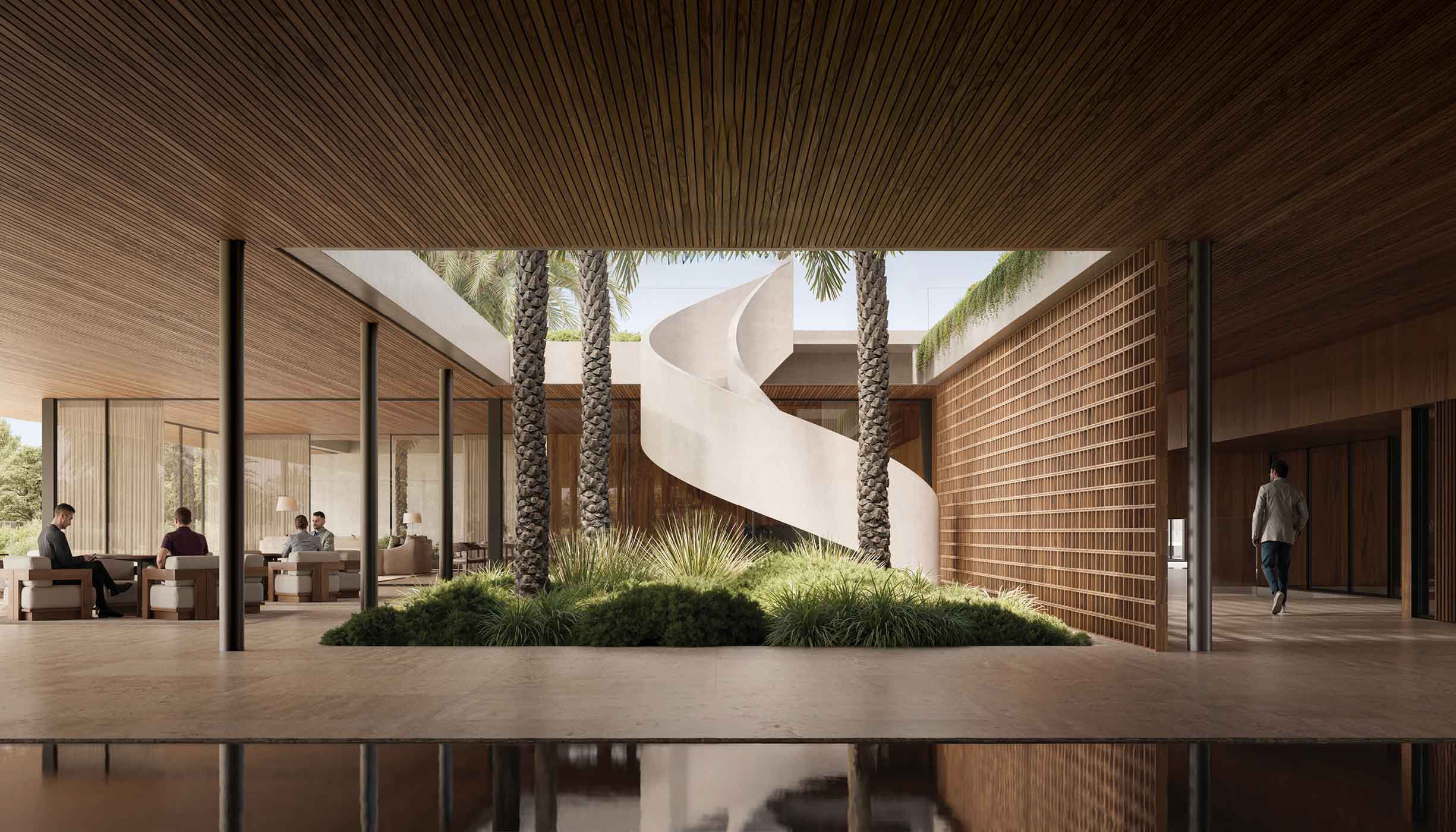Lobby of the Grand Polo Club and Resort featuring an elegant spiral staircase and modern decor.