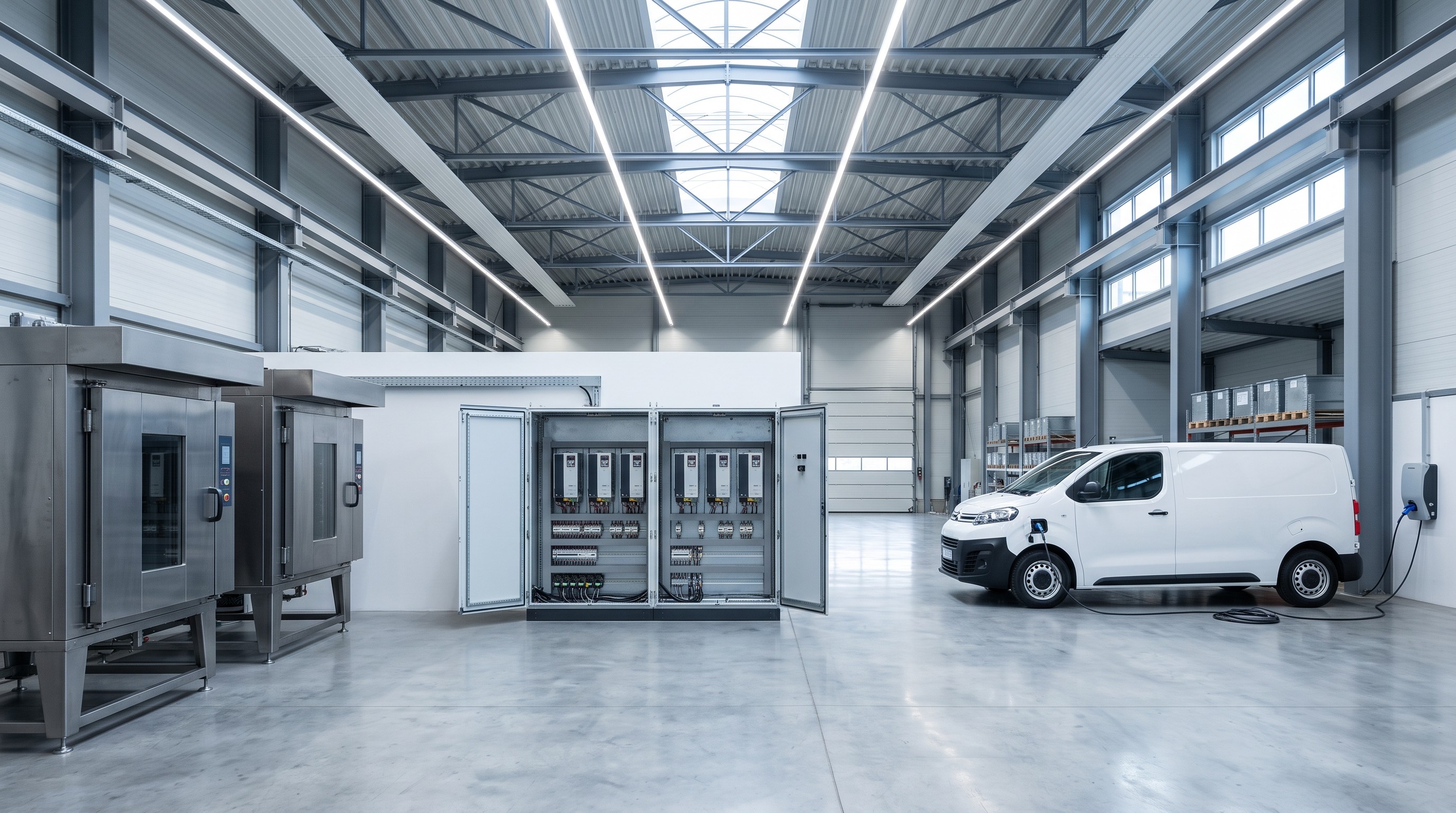 Nave industrial con línea de producción de vehículo eléctrico e iluminación LED
