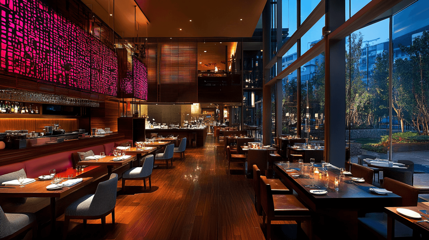 an interior of a fine dining restaurant with focused shot on the table with the plates and glass has been served