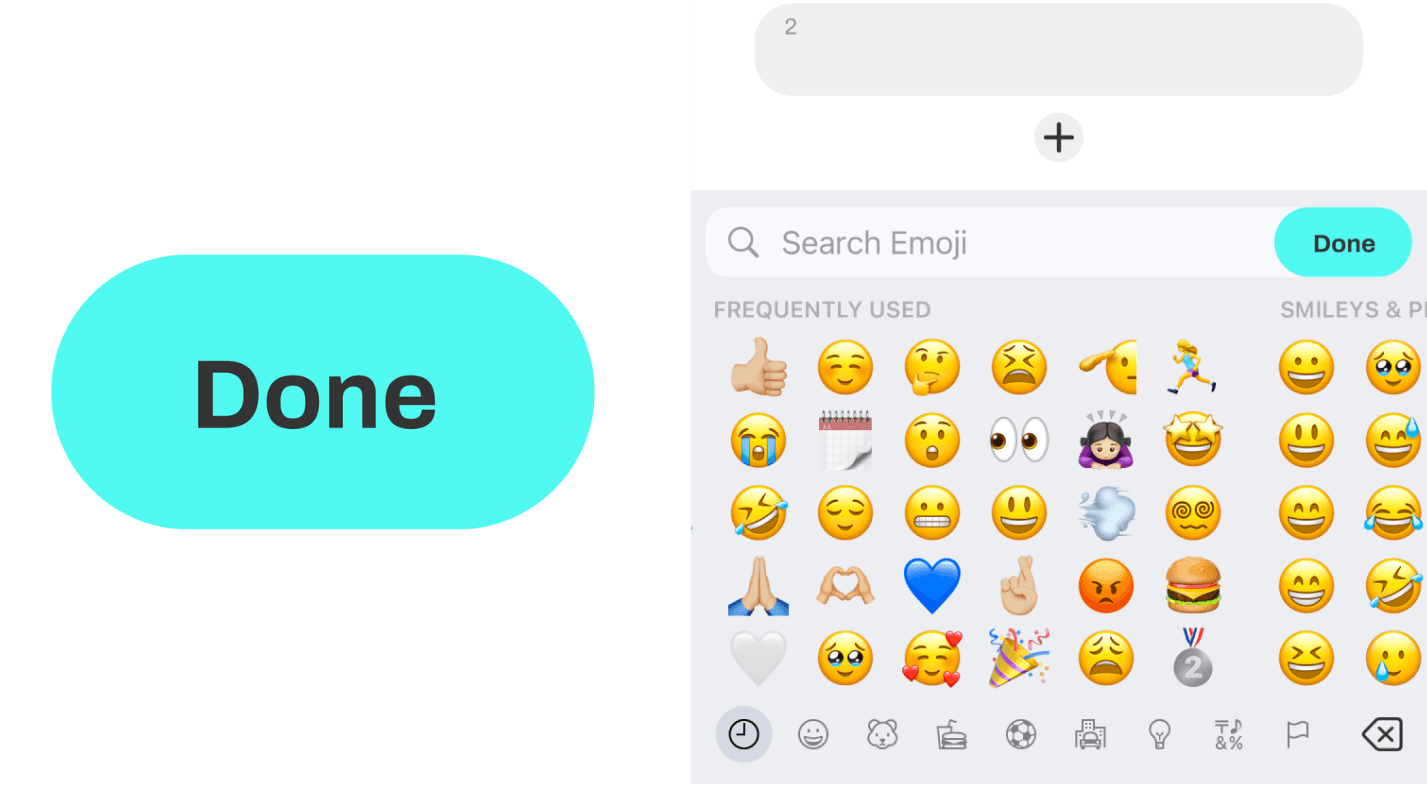 Left shows a Done button alone, right shows it integrated in an emoji keyboard interface.